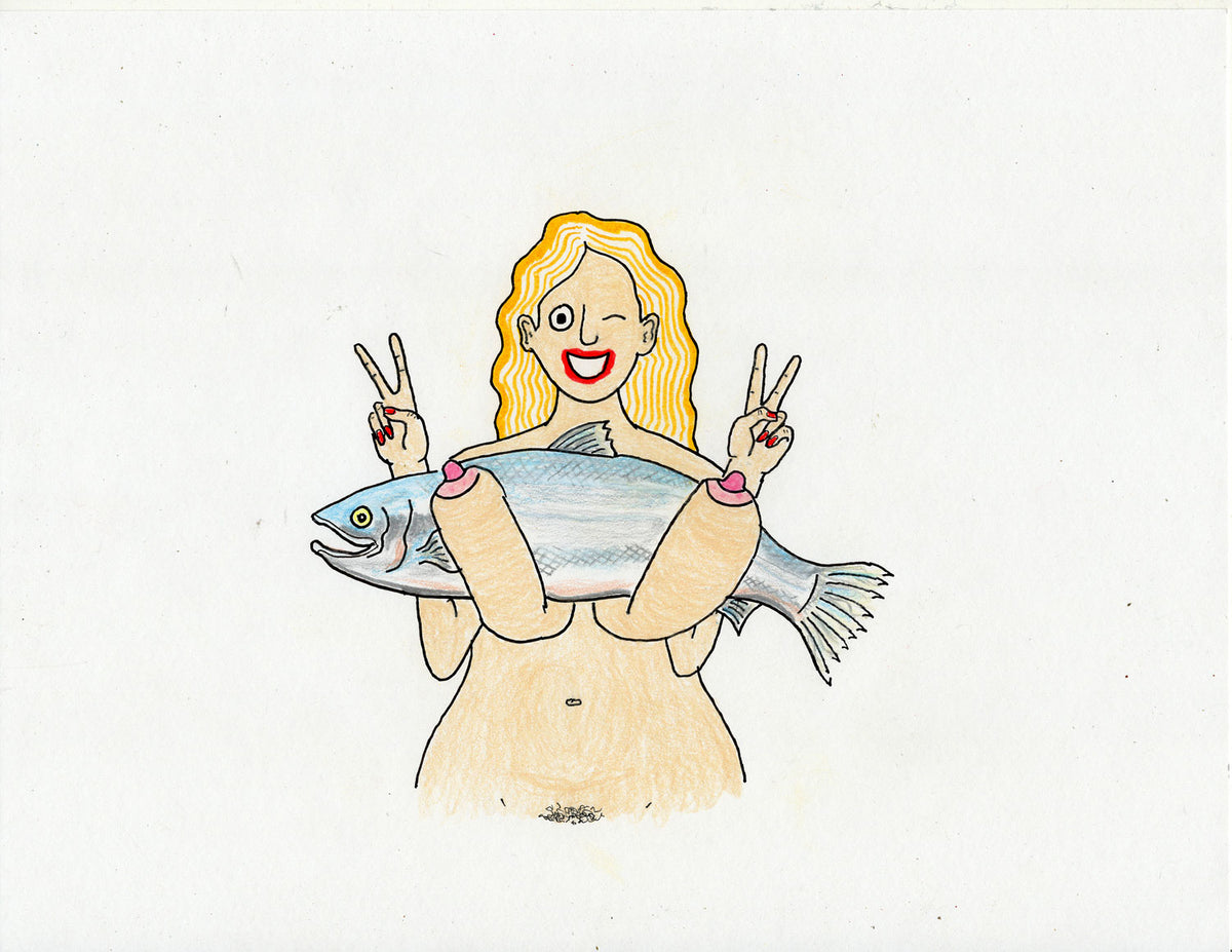 HOLDING A FISH WHILE ALSO GIVING PEACE SIGNS