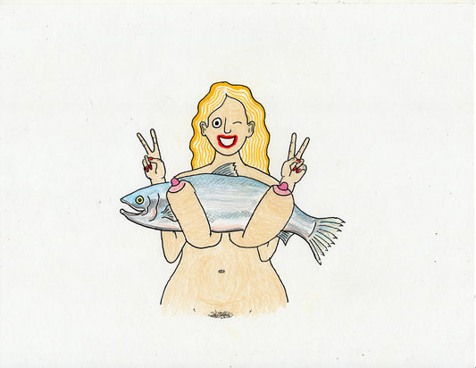 HOLDING A FISH WHILE ALSO GIVING PEACE SIGNS